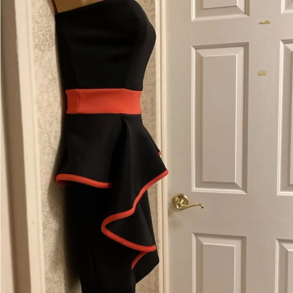 Emerald Sundae Asymmetrical Ruffle Black Dress with Coral Red Accents